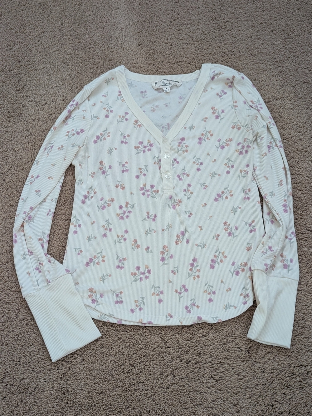 Hippie Rose White Long-Sleeve Ribbed Henley with Pink Floral Print
